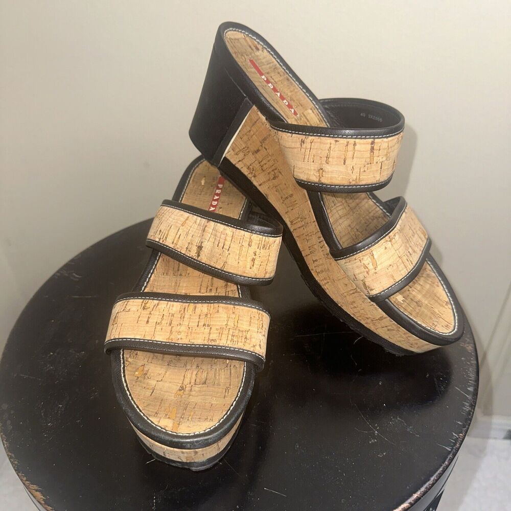 Authentic Women's Prada Logo Platform Slide Wedge Sandals Shoes Size 40EU/9.5 US
